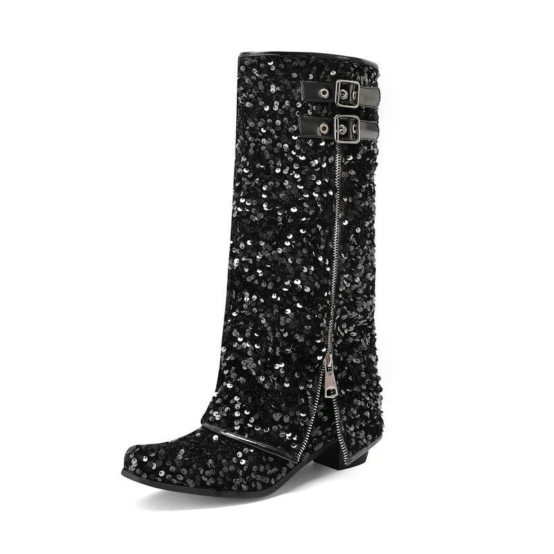 black Women’s Sequin Square Toe Knee-High Boots