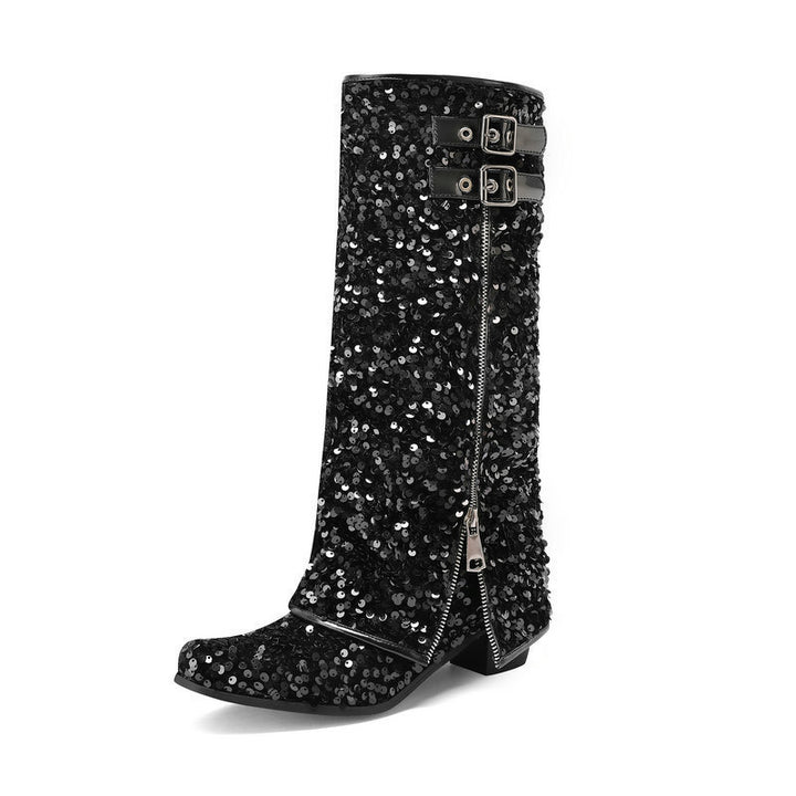 black Women’s Sequin Square Toe Knee-High Boots