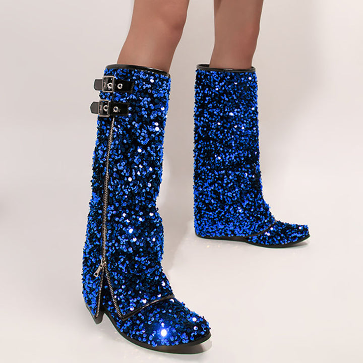 blue Women’s Sequin Square Toe Knee-High Boots