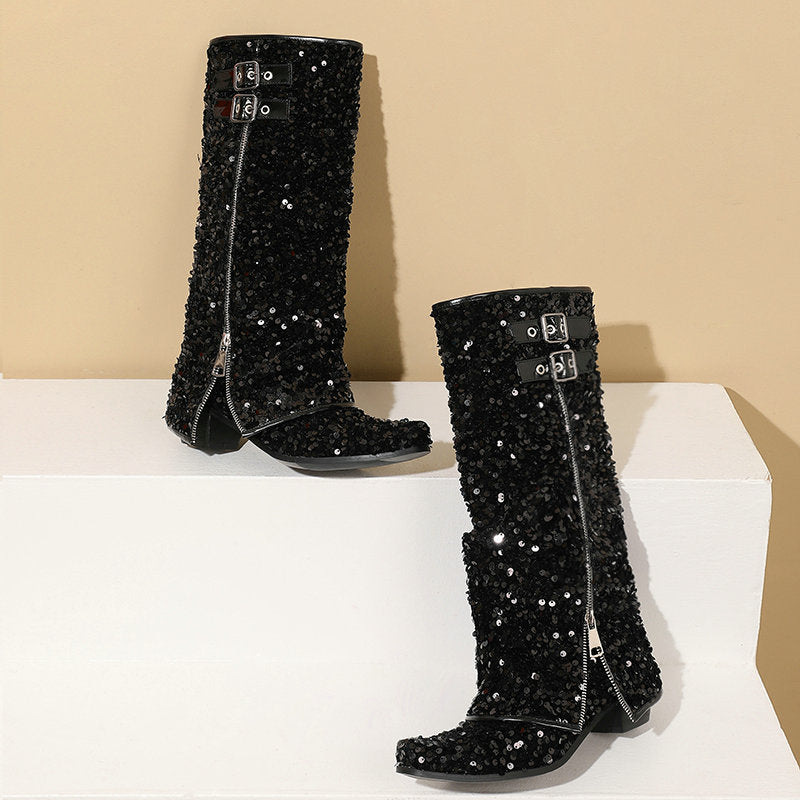 black Women’s Sequin Square Toe Knee-High Boots