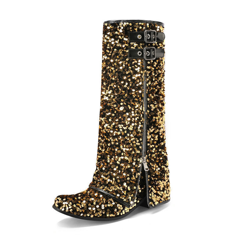 gold Women’s Sequin Square Toe Knee-High Boots
