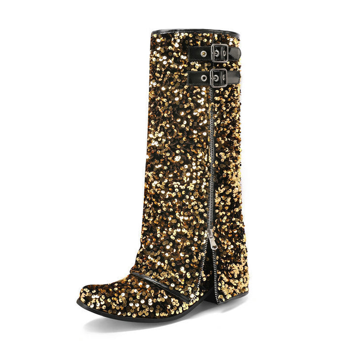 gold Women’s Sequin Square Toe Knee-High Boots