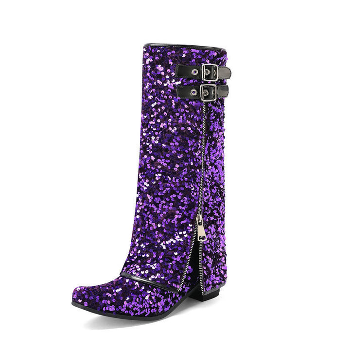 purple Women’s Sequin Square Toe Knee-High Boots