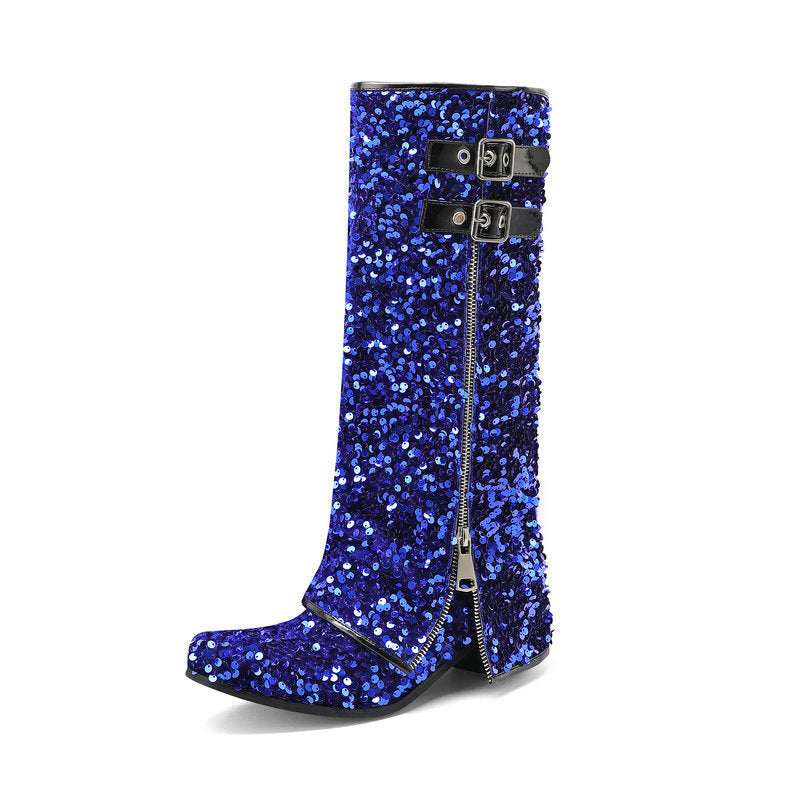 blue Women’s Sequin Square Toe Knee-High Boots
