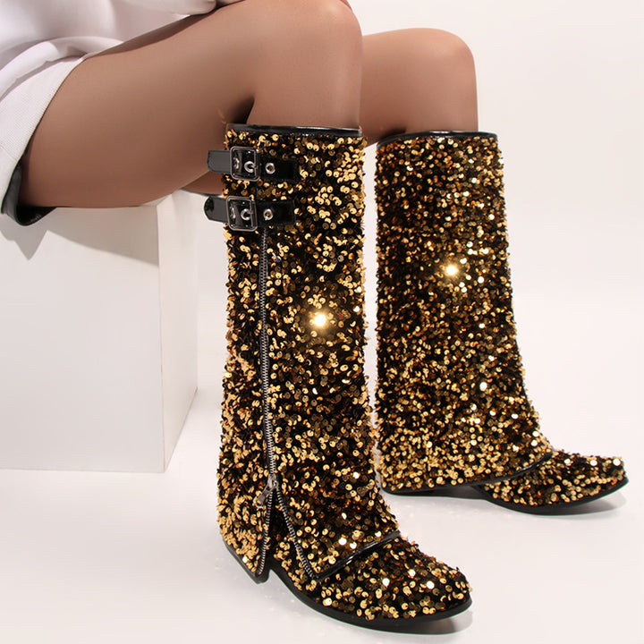 gold Women’s Sequin Square Toe Knee-High Boots