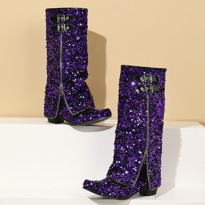purple Women’s Sequin Square Toe Knee-High Boots
