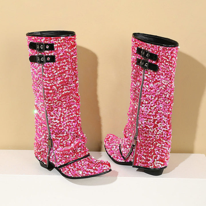 pink Women’s Sequin Square Toe Knee-High Boots