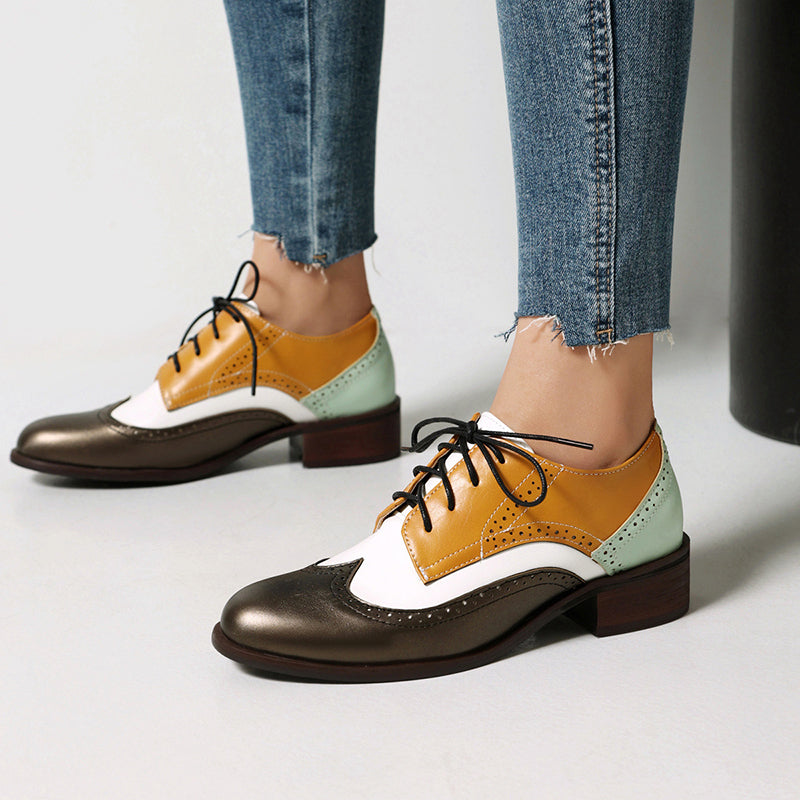Yellow&White Oxford Loafers Chunky Heel Lace Up Women's Shoes