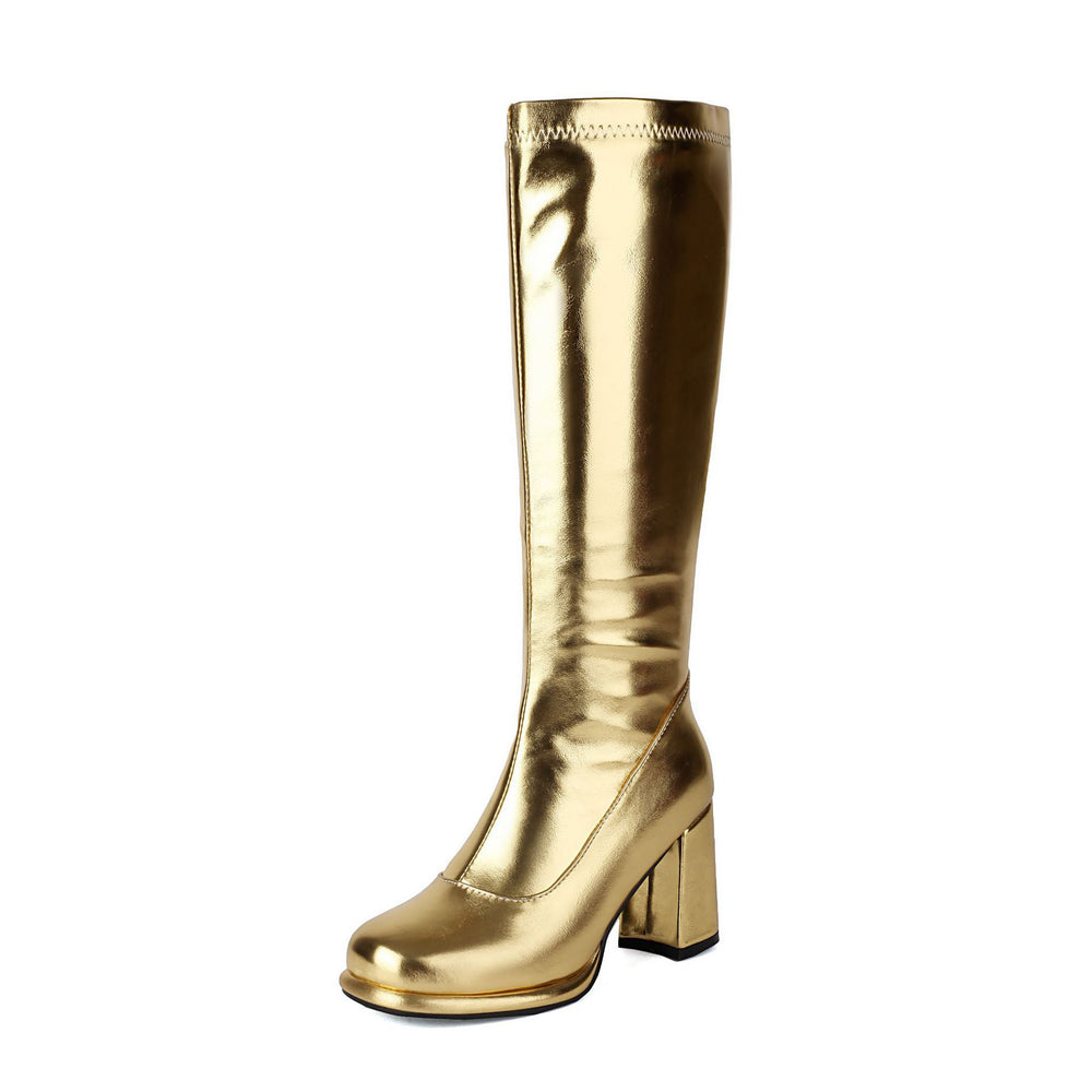 gold Women’s Glossy Block-Heel Knee-High Boots