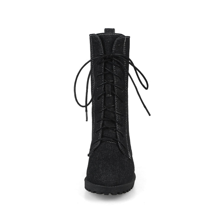Women's denim mid calf combat boots