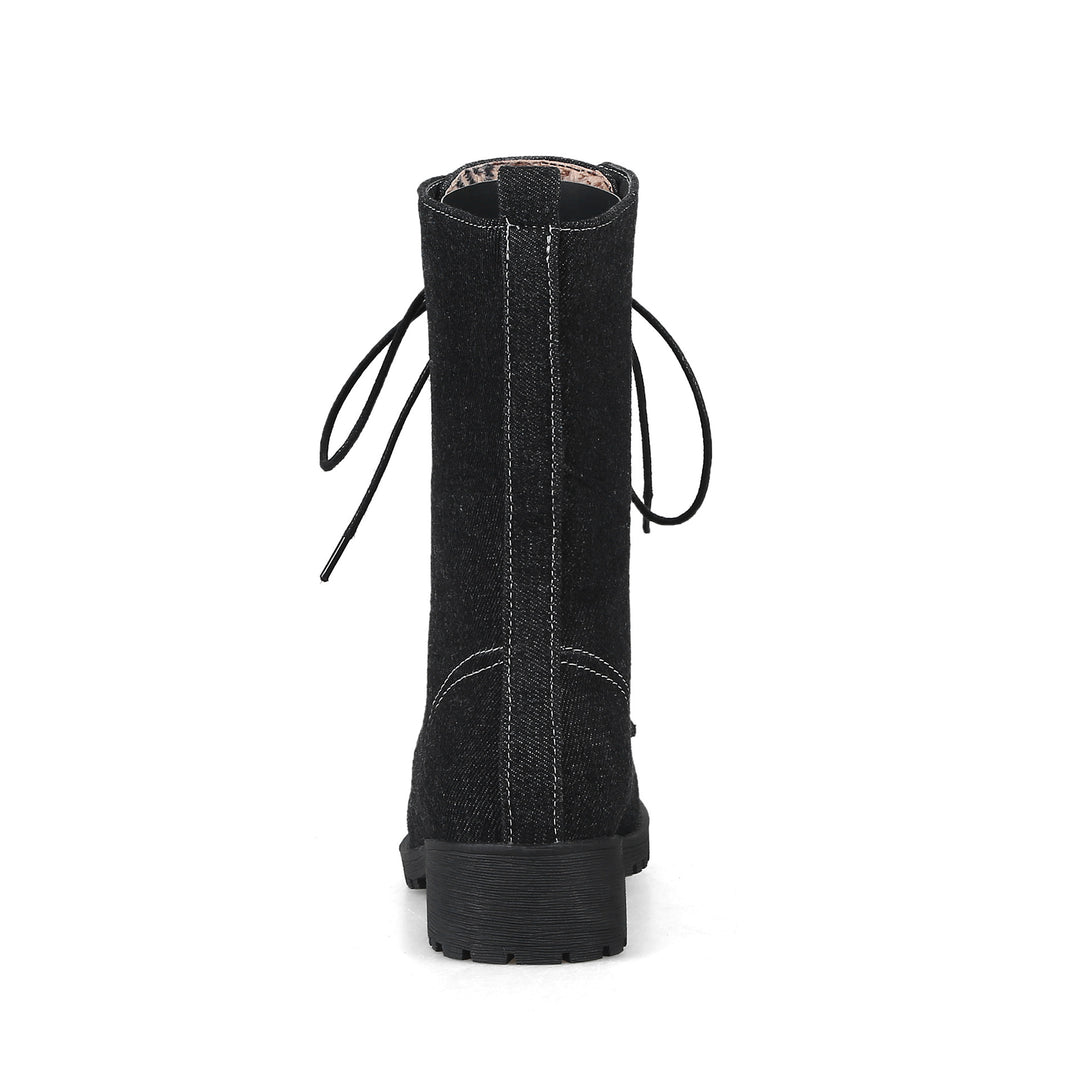Women's denim mid calf combat boots