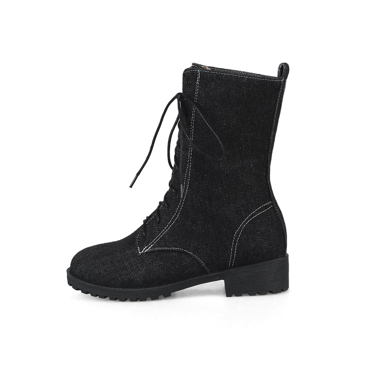 Women's denim mid calf combat boots
