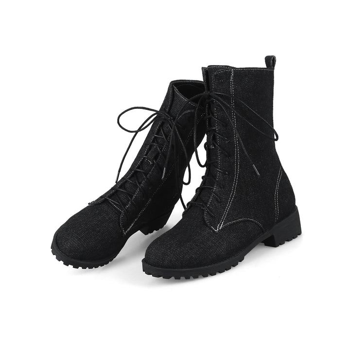 Women's denim mid calf combat boots