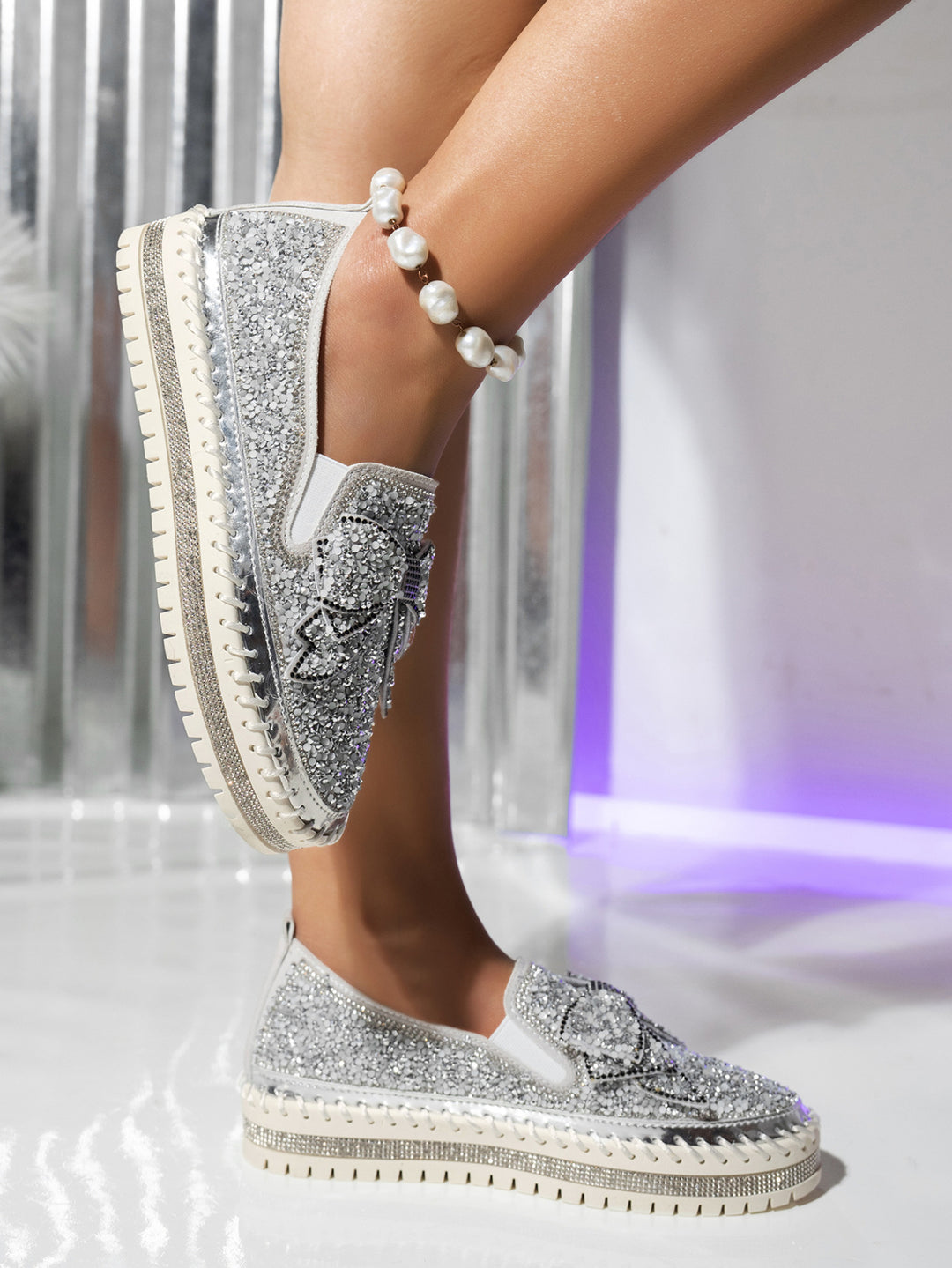 Women's fashion glitter slip on sneakers rhinestone shiny crystal platform sneakers