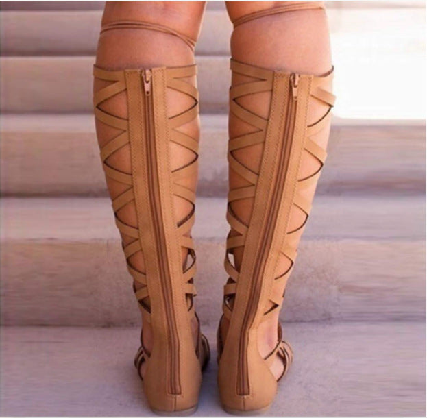 Women's flat knee high criss cross strappy gladiator sandals
