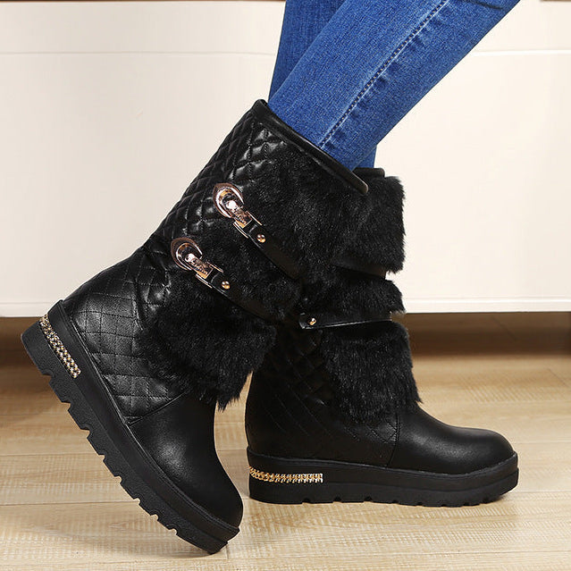 Women's fuzzy plush warm mid calf platform snow boots