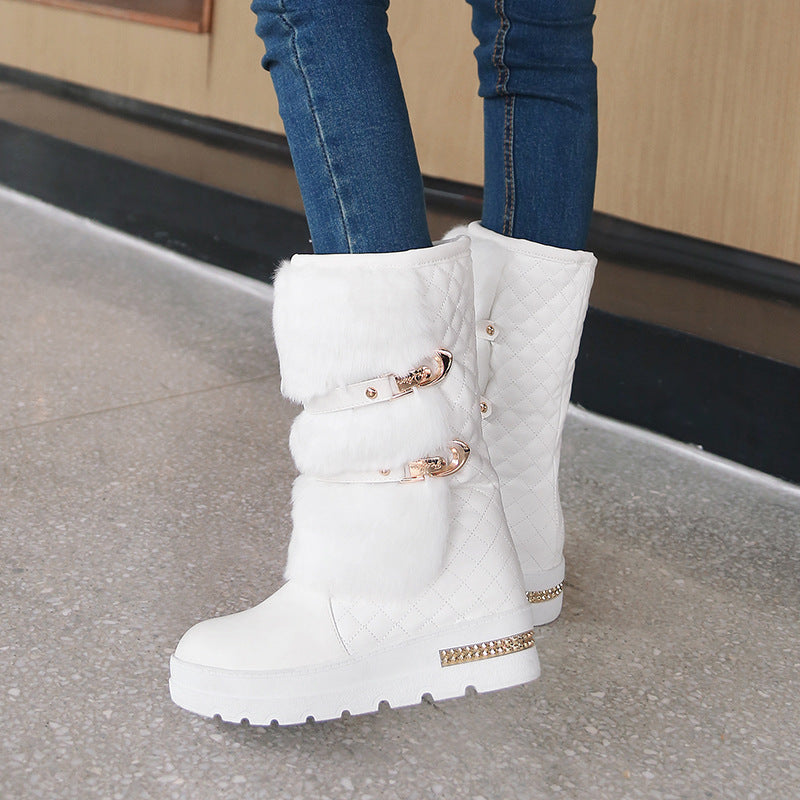 Women's fuzzy plush warm mid calf platform snow boots