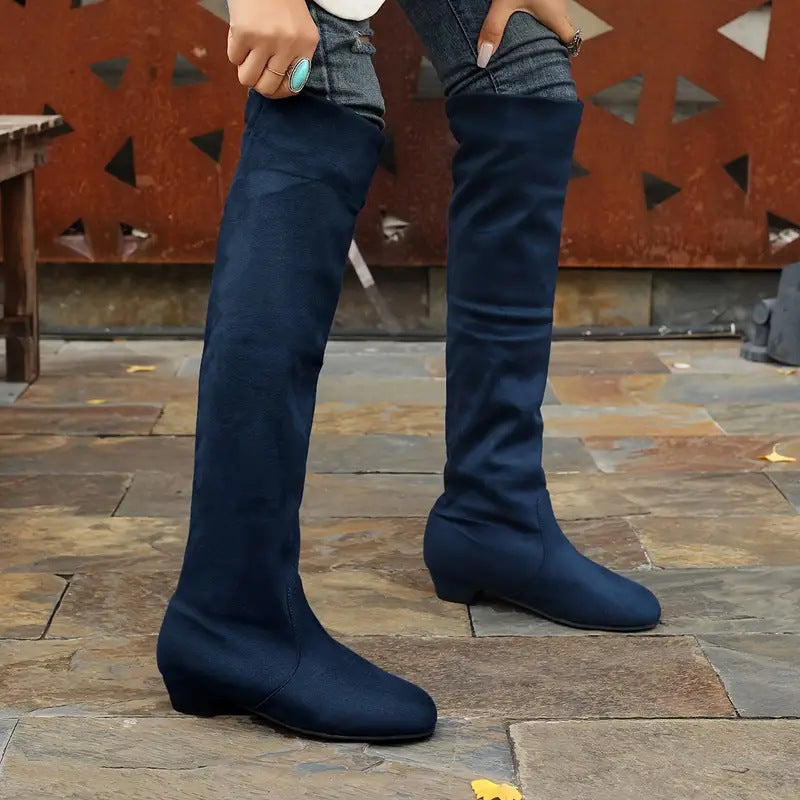 Women's low heel plain thigh high boots