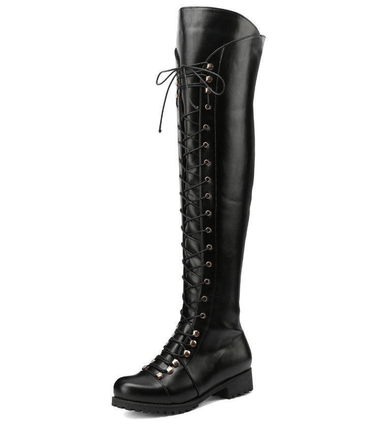 black Women's low heel thigh high zipper boots with front lace