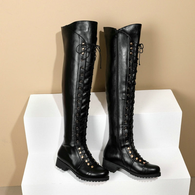 black Women’s Lace-Up Thigh-High Boots with Side Zipper