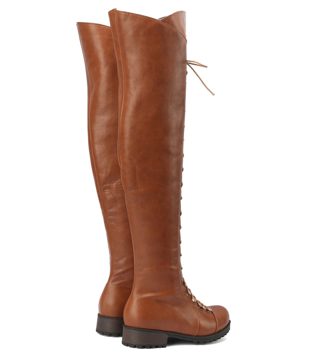 brown Women's low heel thigh high zipper boots with front lace