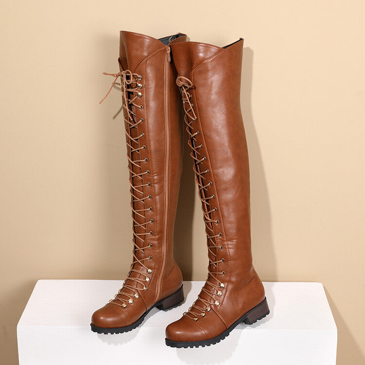 brown Women’s Lace-Up Thigh-High Boots with Side Zipper