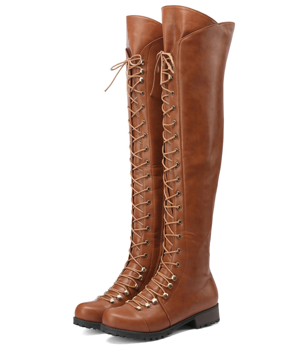 brown Women’s Lace-Up Thigh-High Boots with Side Zipper
