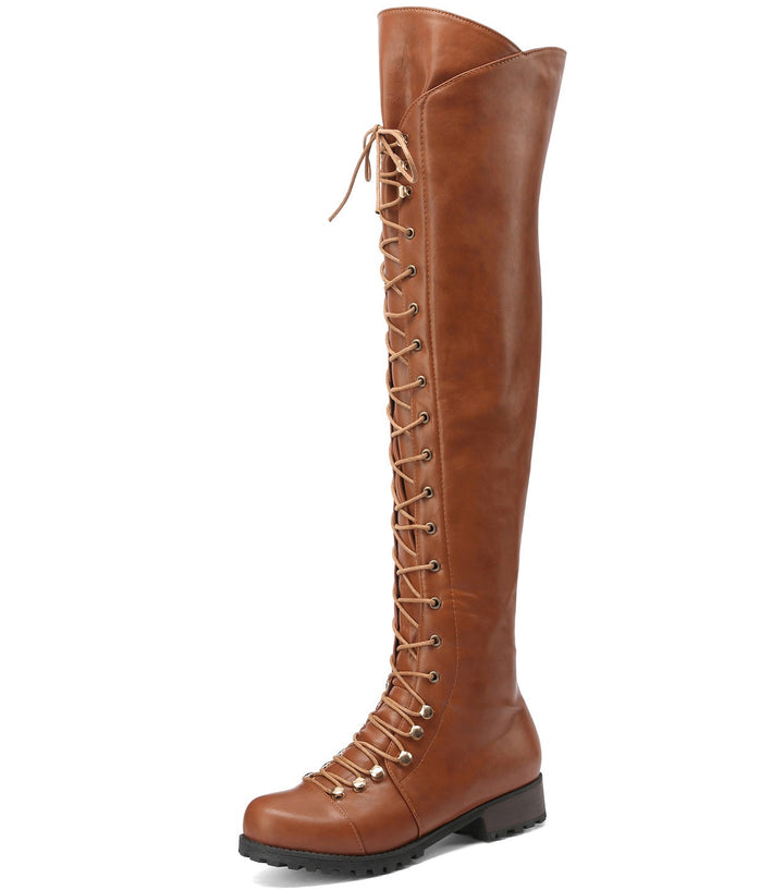 brown Women's low heel thigh high zipper boots with front lace