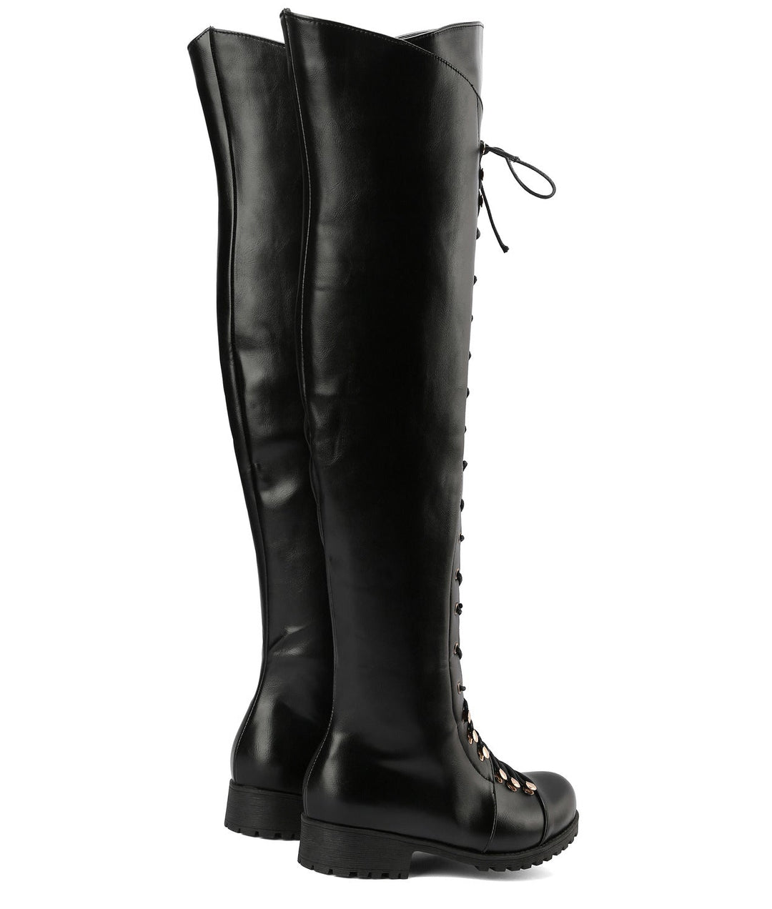 black Women's low heel thigh high zipper boots with front lace