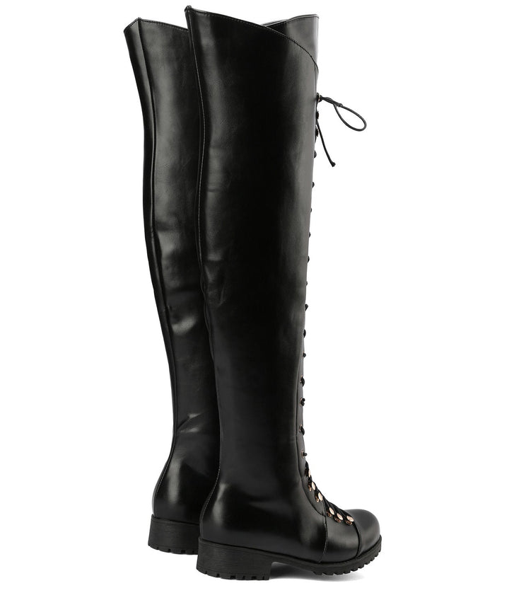 black Women's low heel thigh high zipper boots with front lace