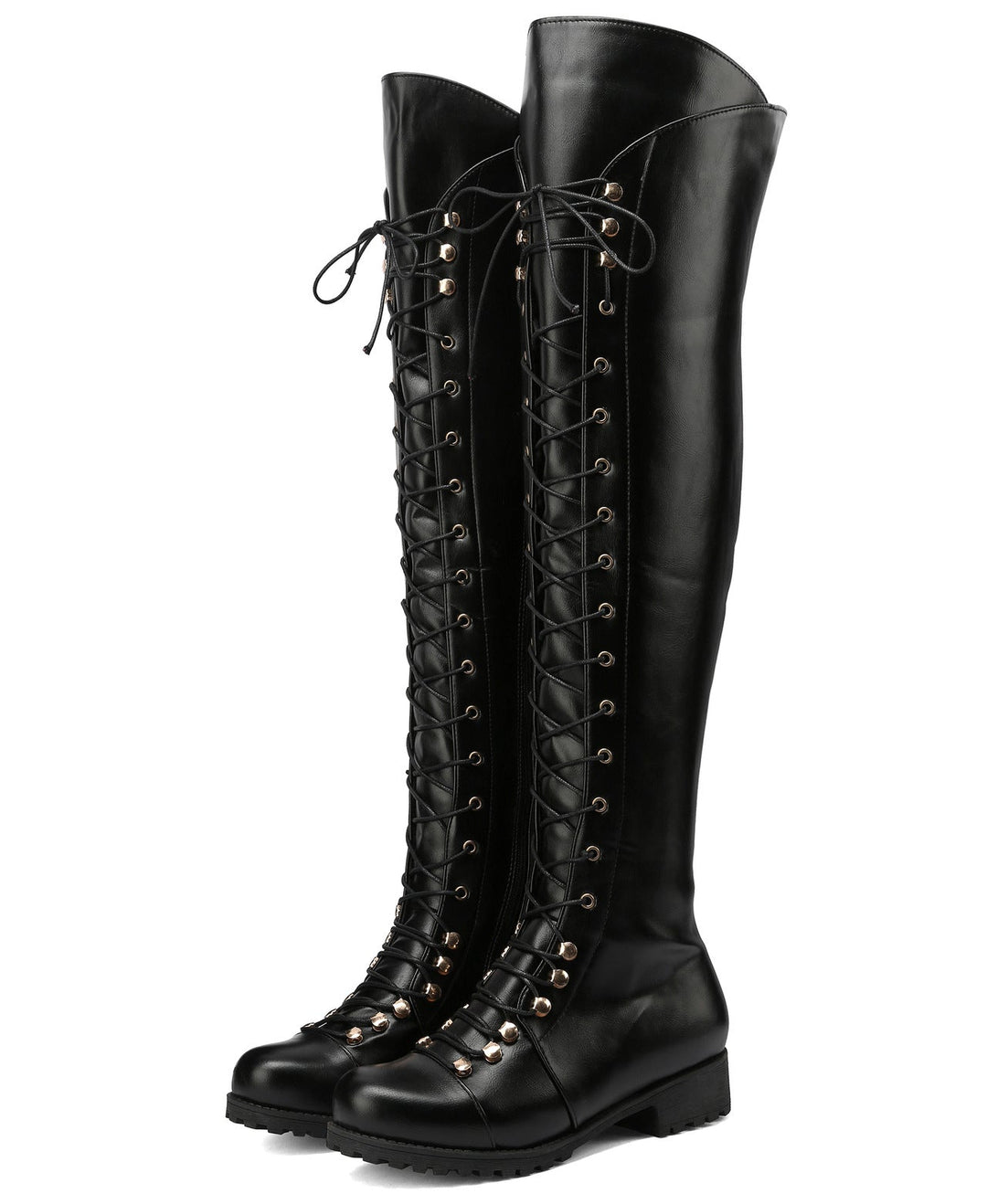 black Women's low heel thigh high zipper boots with front lace