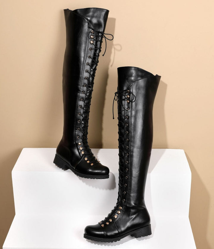 black Women's low heel thigh high zipper boots with front lace