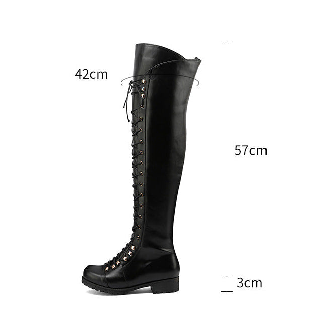 Women's low heel thigh high zipper boots with front lace