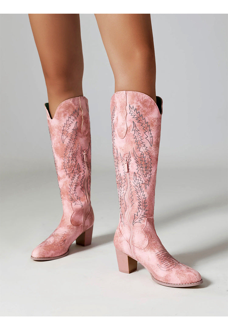 Women’s Pink Embroidered Western Knee-High Boots