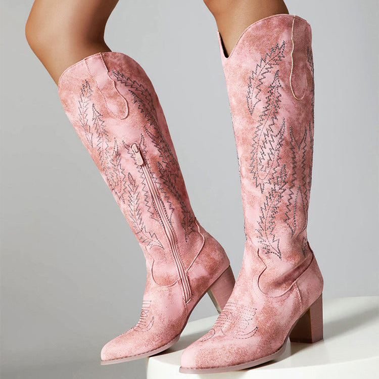Women’s Pink Embroidered Western Knee-High Boots