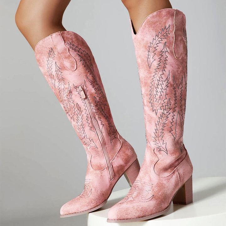Women’s Pink Embroidered Western Knee-High Boots