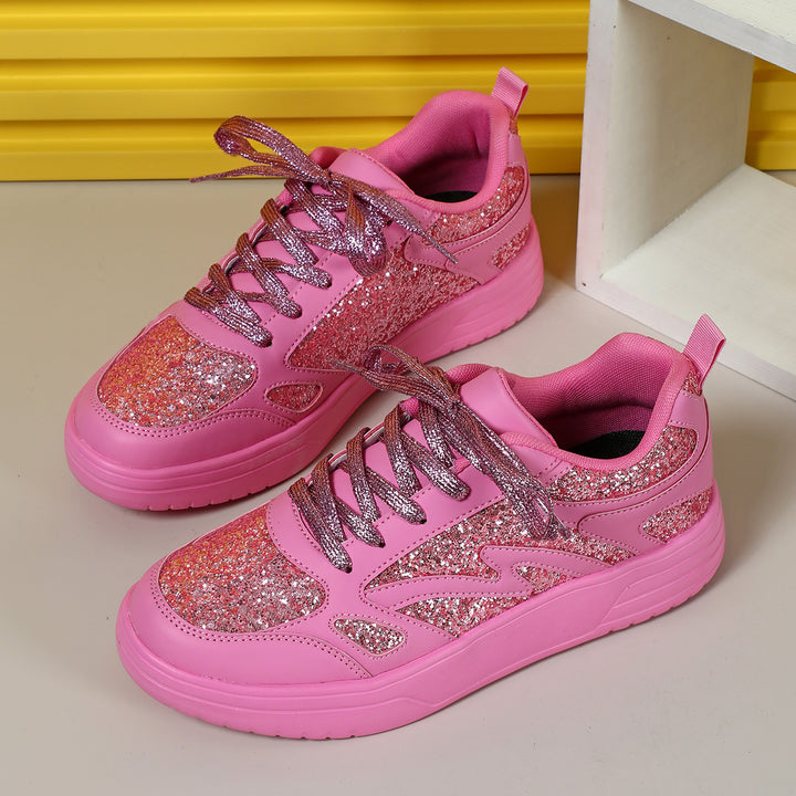 Women's pink rose rhinestone glitter platform sneakers