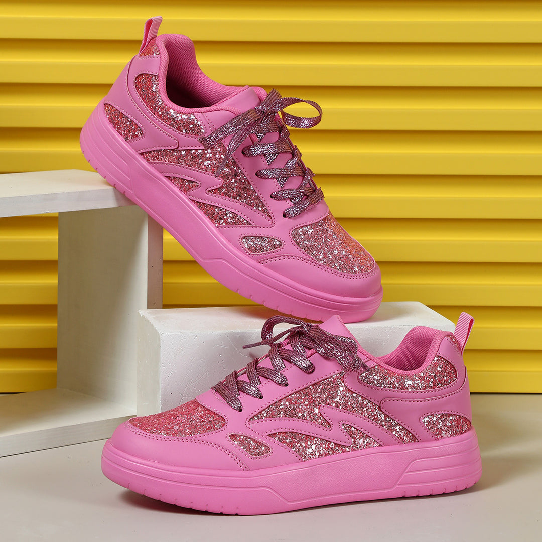 Women's pink rose rhinestone glitter platform sneakers