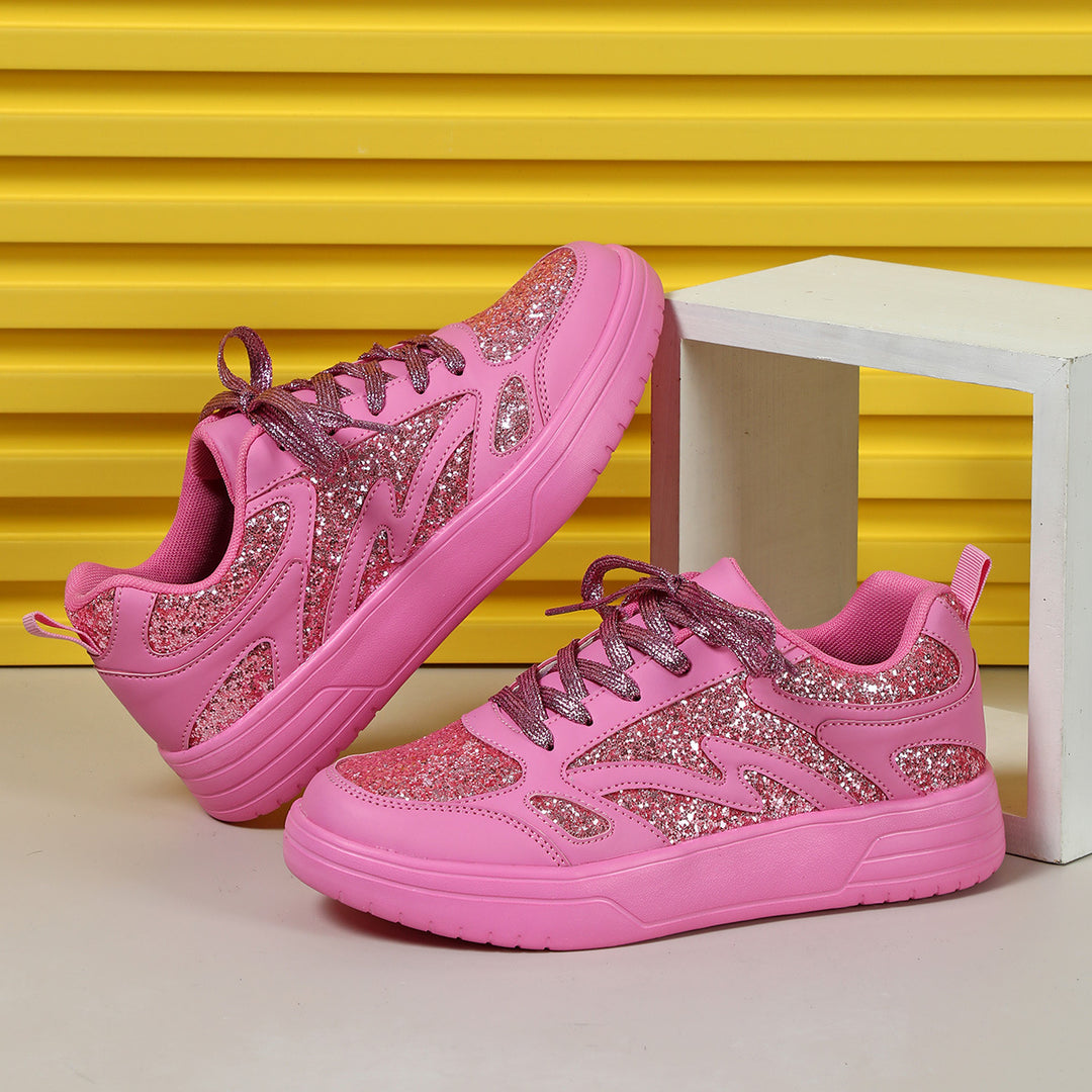 Women's pink rose rhinestone glitter platform sneakers