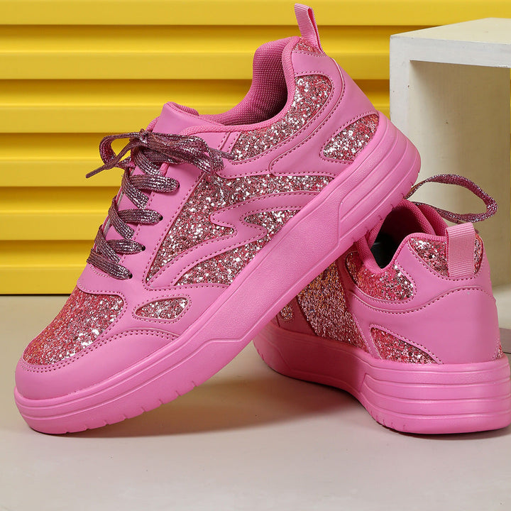 Women's pink rose rhinestone glitter platform sneakers