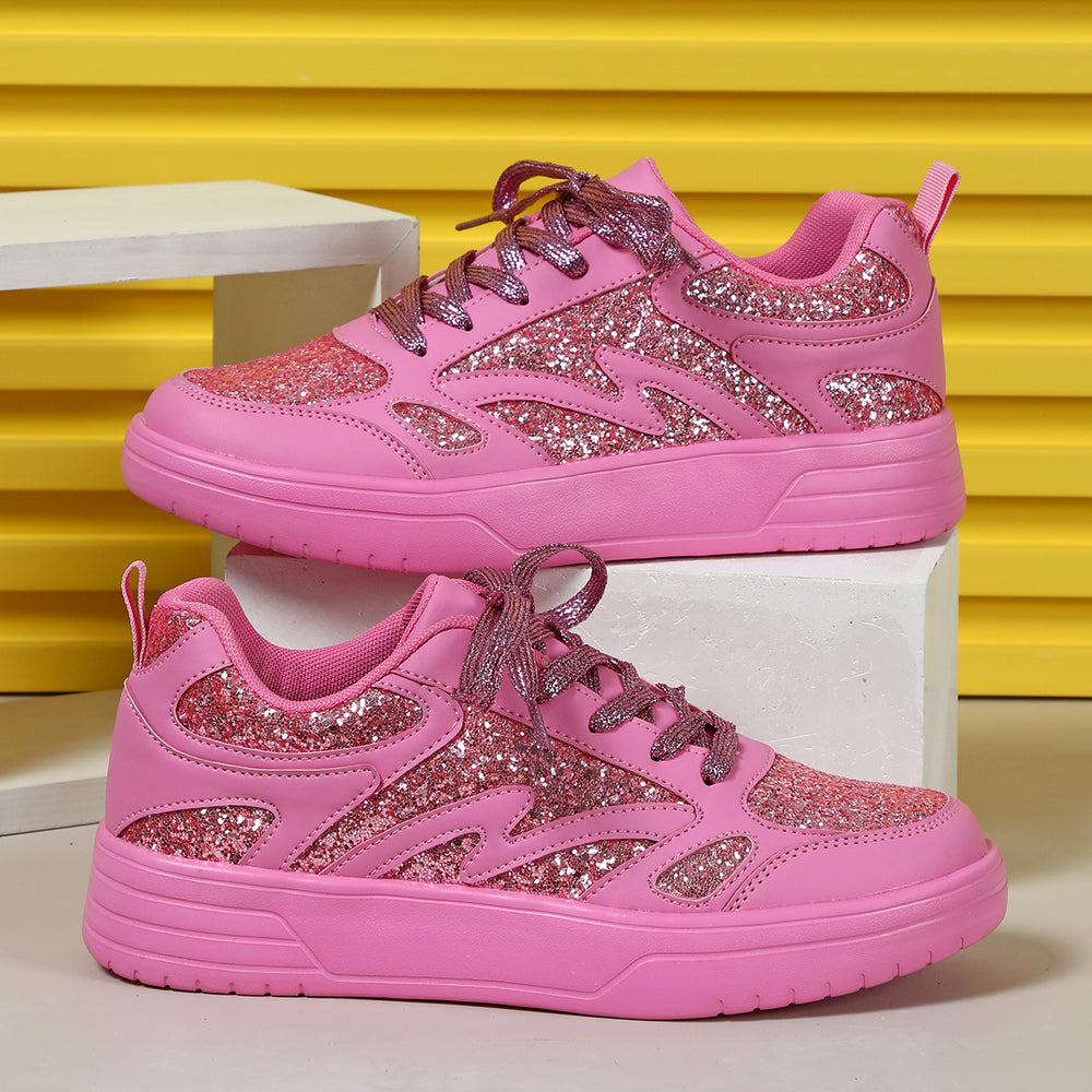 Women's pink rose rhinestone glitter platform sneakers