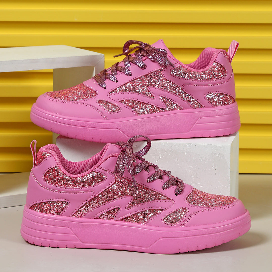 Women's pink rose rhinestone glitter platform sneakers