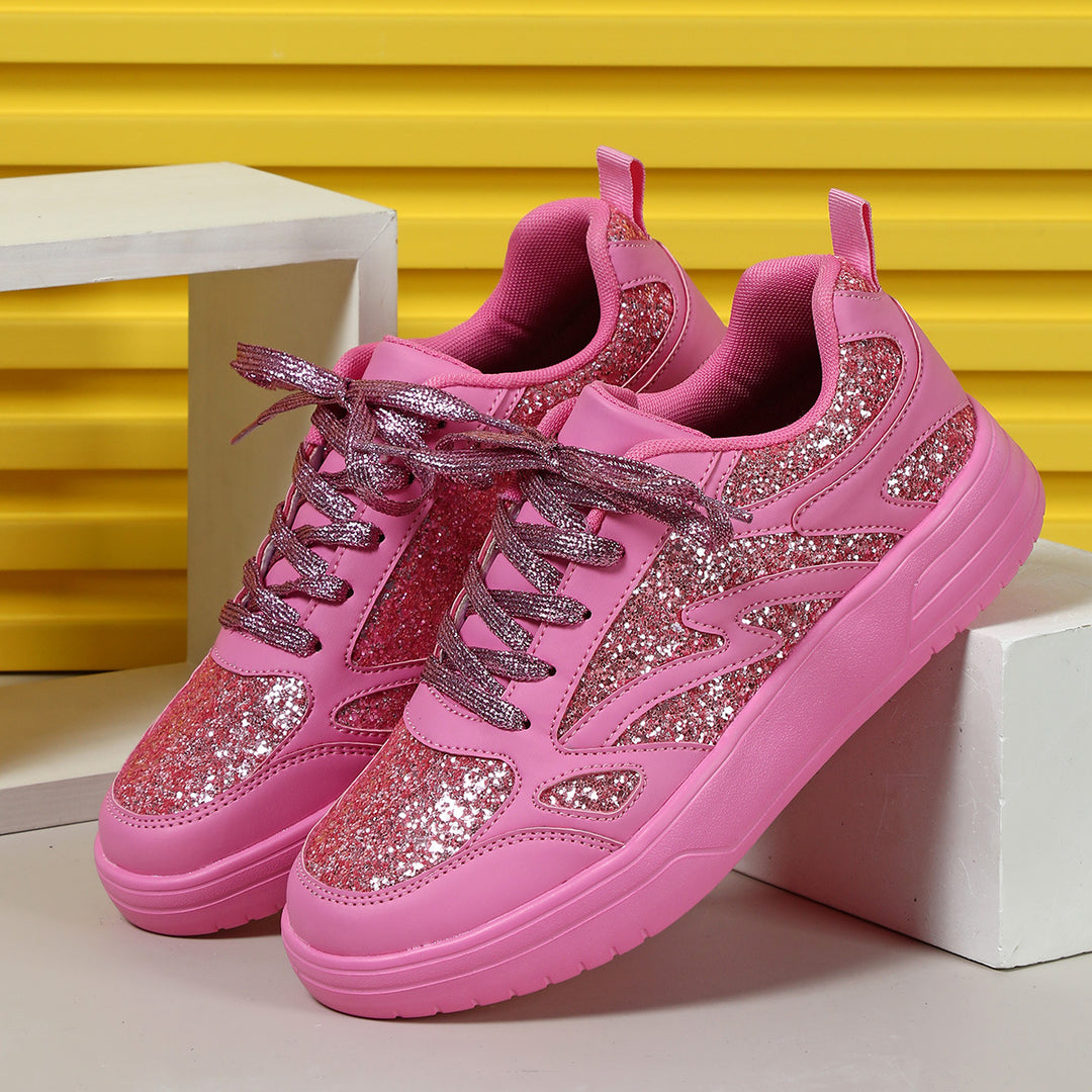 Women's pink rose rhinestone glitter platform sneakers
