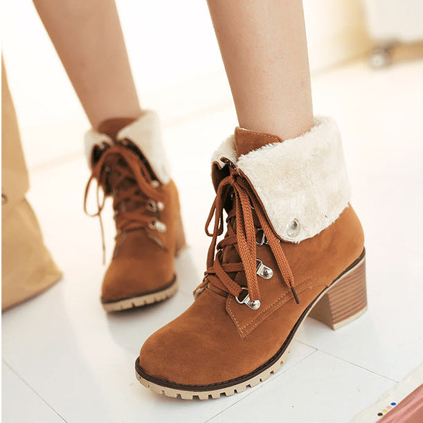 Women's plush fold-down cuff lace-up block heel ankle booties