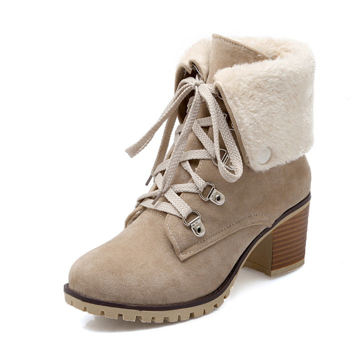Women's plush fold-down cuff lace-up block heel ankle booties