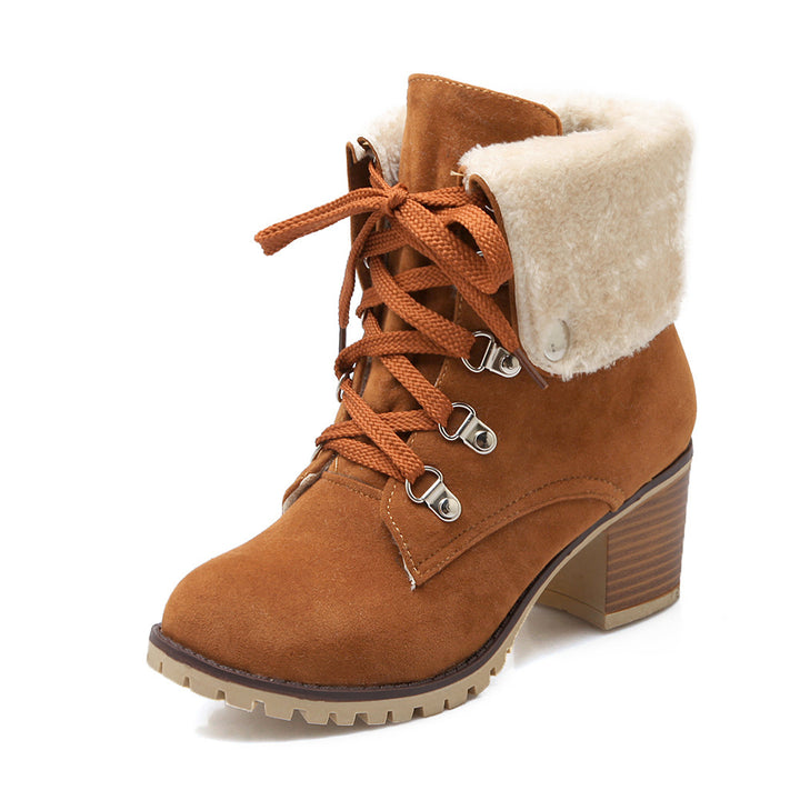Women's plush fold-down cuff lace-up block heel ankle booties