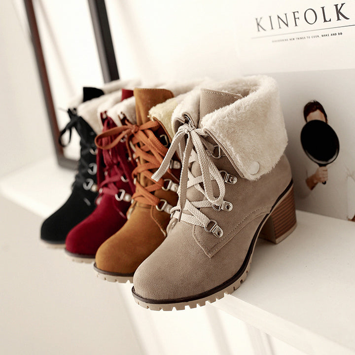 Women's plush fold-down cuff lace-up block heel ankle booties