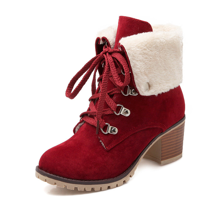 Women's plush fold-down cuff lace-up block heel ankle booties
