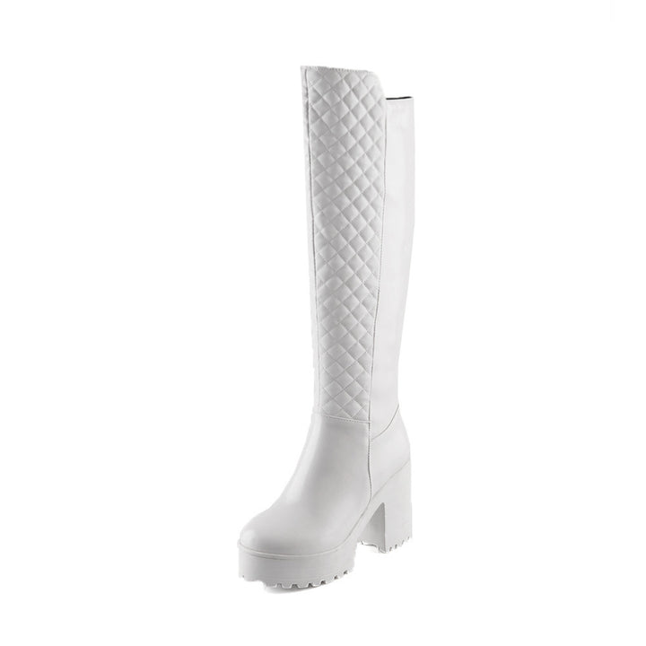 Women's quilted chunky heels knee high boots