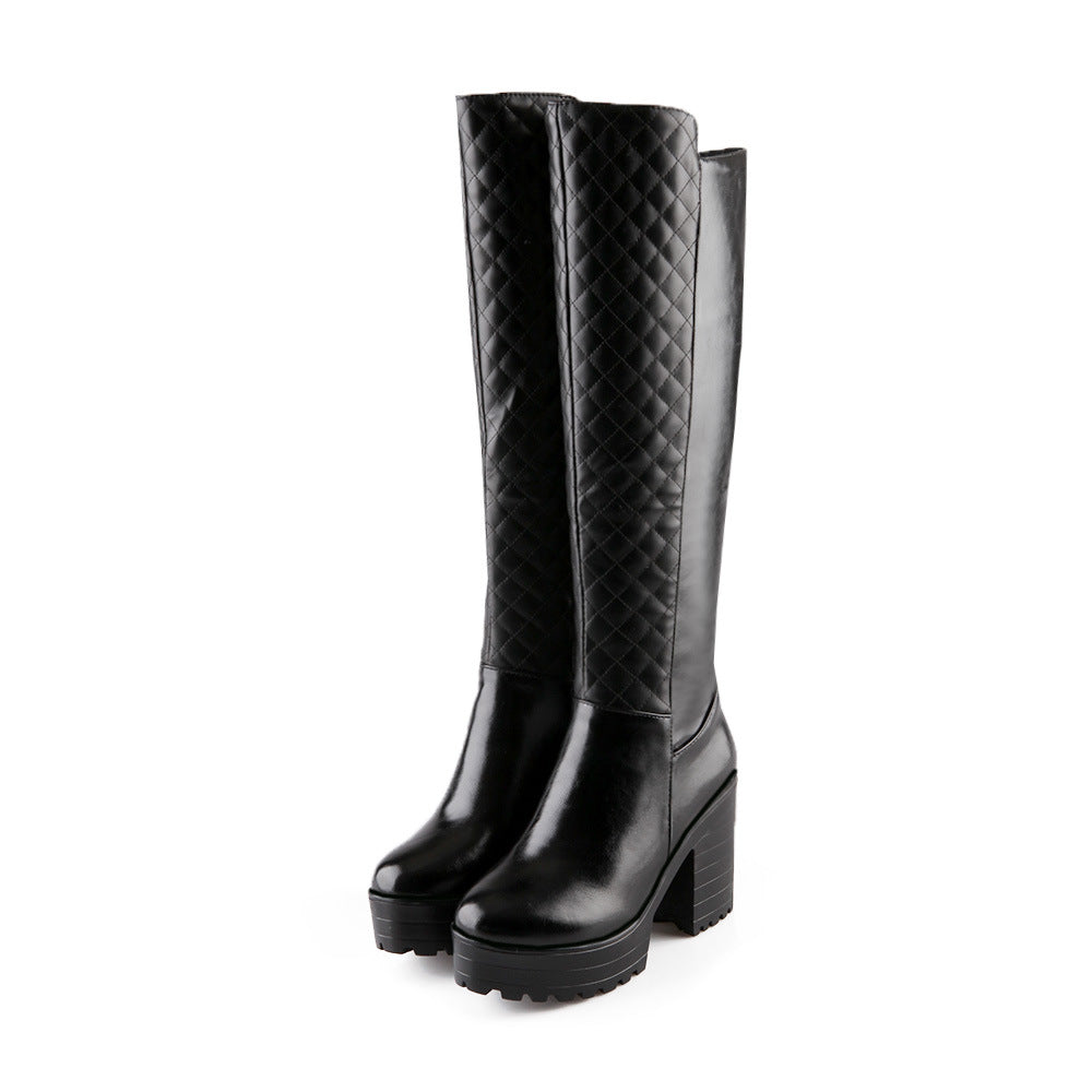 Women's quilted chunky heels knee high boots
